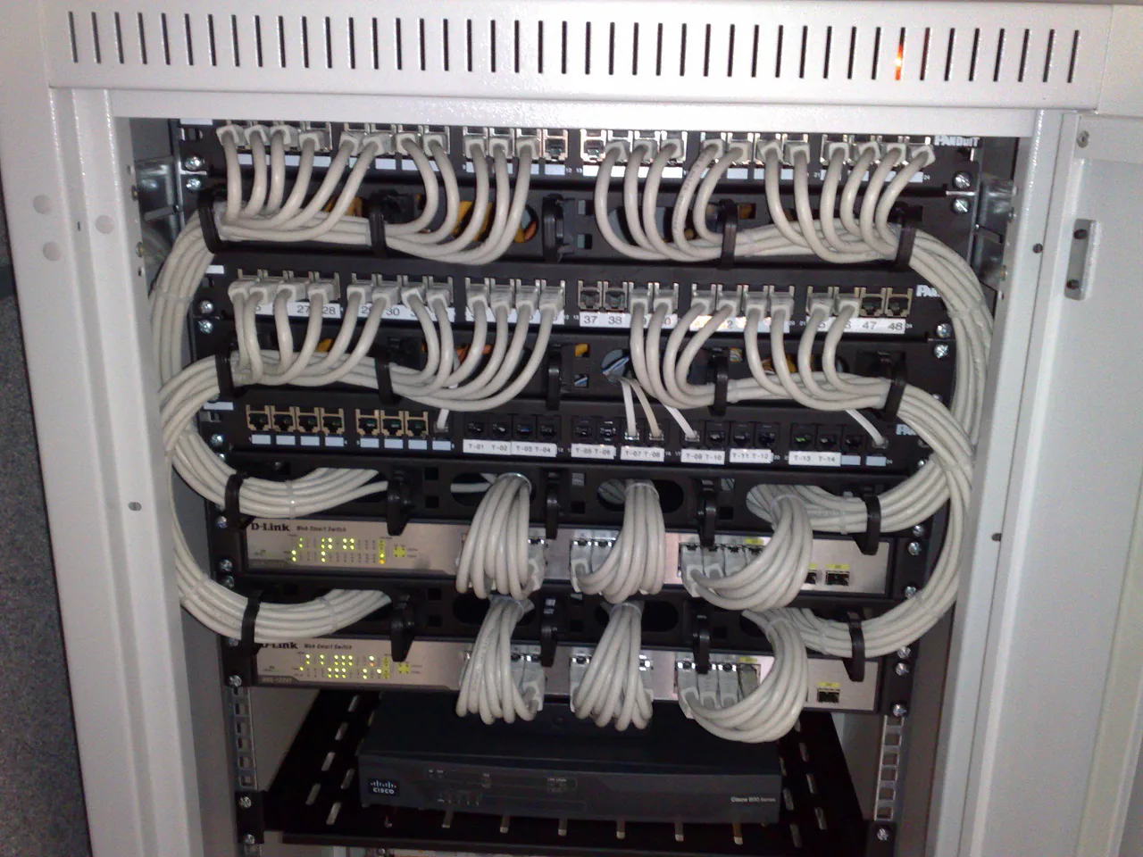A network rack of Ethernet switches and patch panels, dense with grey cables