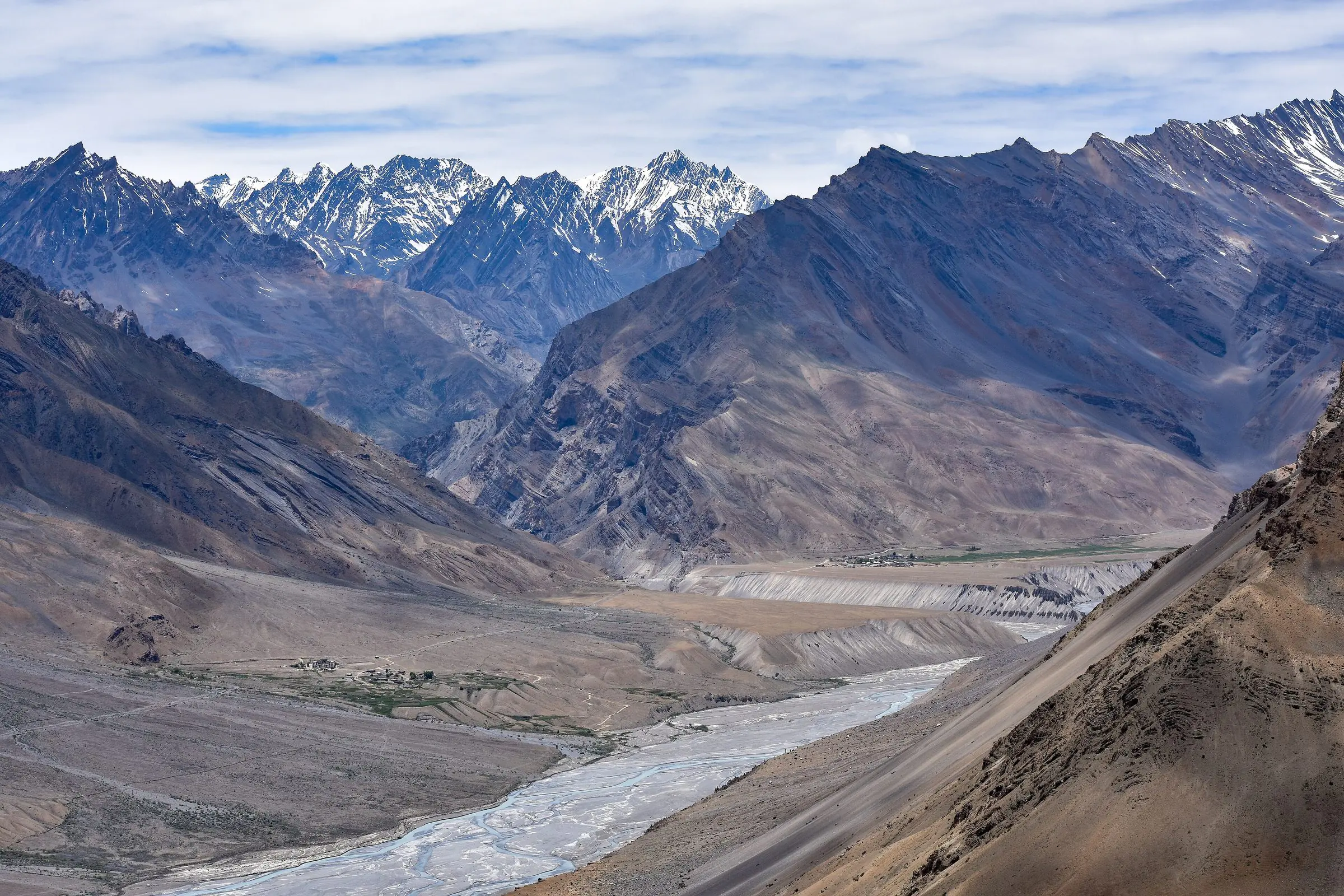 Spiti Valley in the Himalaya: snow-capped peaks above bare brown ridges, with the braided Spiti River running through the valley floor